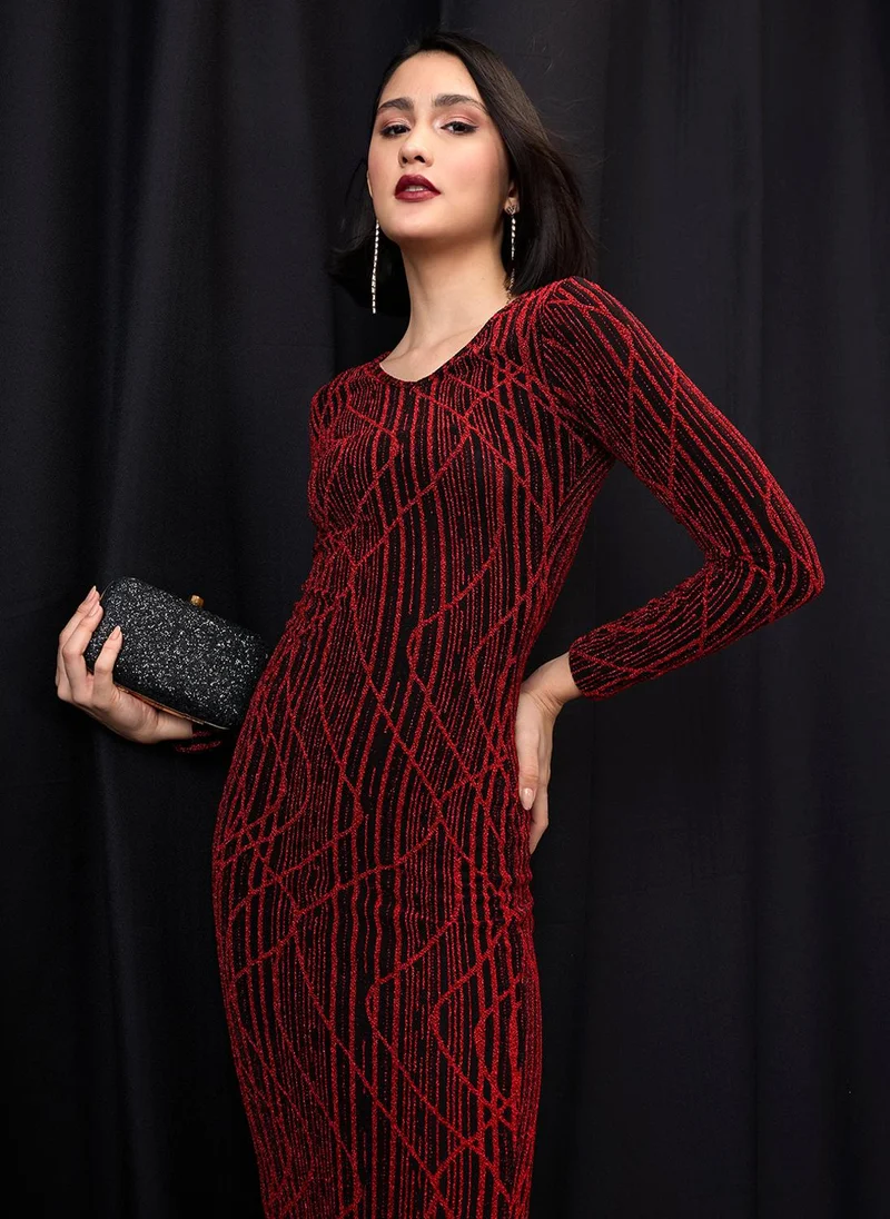 جلو باص Globus Women Red Self Design V-Neck Long Sleeves Embellished Bodycon Maxi Party Dress